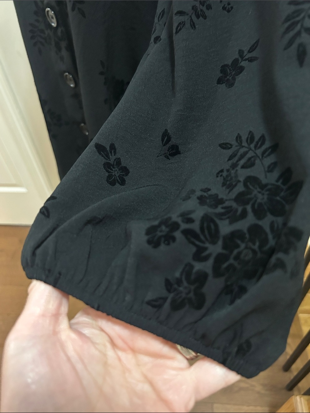 Black Floral Button-Front V-Neck Blouse